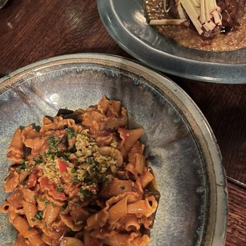 Oystercatcher - Pasta campanelle (bottom) & pork cheeks (top) - American Near Me - Coupeville, Washington Oystercatcher - Pasta campanelle (bottom) & pork cheeks (top) - American Near Me - Coupeville, Washington