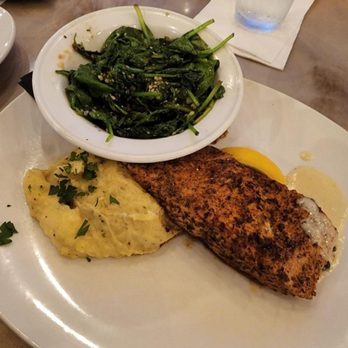 Pond - Blackened salmon, mashed potatoes and sautéed garlic spinach. - New American Near Me - Warner Robins, Georgia Pond - Blackened salmon, mashed potatoes and sautéed garlic spinach. - New American Near Me - Warner Robins, Georgia