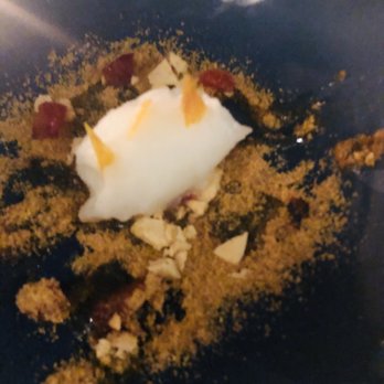 Blackbird - Citrus sorbet above a bourbon jelly...graham crumbs and blood orange bits...perfect for someone who doesn't have a big sweet tooth - New American Near Me - Santa Barbara, California