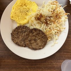 The Factory Diner - Two 2 Eggs (Large) (Any Style), sausage patties and hash browns.
