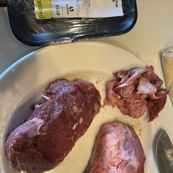 Safeway - Beef tenderloin steaks. Left with junk removed and right steak untrimmed. - Grocery Near Me - Lahaina, Hawaii Safeway - Beef tenderloin steaks. Left with junk removed and right steak untrimmed. - Grocery Near Me - Lahaina, Hawaii