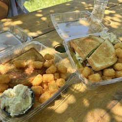 Aspen Grill - Grilled cheese sandwiches and BLT with blackened salmon. Both with mashed potatoes and tatter tots as sides
