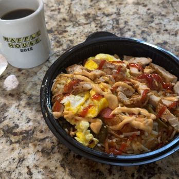 Waffle House - chicken melt has brown bowl double diced smothered and peppered with a scrambled egg - Diners Near Me - Flowery Branch, Georgia Waffle House - chicken melt has brown bowl double diced smothered and peppered with a scrambled egg - Diners Near Me - Flowery Branch, Georgia