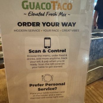 GuacoTaco Elevated Fresh Mex - There is a QR code on the table itself to order and pay yourself. - Tacos Near Me - Ballwin, Missouri