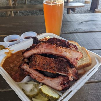 Iron and Oak Brisket - Ribs plate with Baked Beans and Dill Mac Salad - Barbeque Near Me - Woodfin, North Carolina Iron and Oak Brisket - Ribs plate with Baked Beans and Dill Mac Salad - Barbeque Near Me - Woodfin, North Carolina