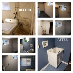 4OD - Basement laundry room remodel. Frame and drywall over concrete exterior wall, enclose pipes & dryer vent. Replaced vanity & painted floor