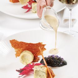 Elizabeth's - A savory pour: black truffle lentils, artichoke heart confit, and tomato skin---earthy elegance in every drop