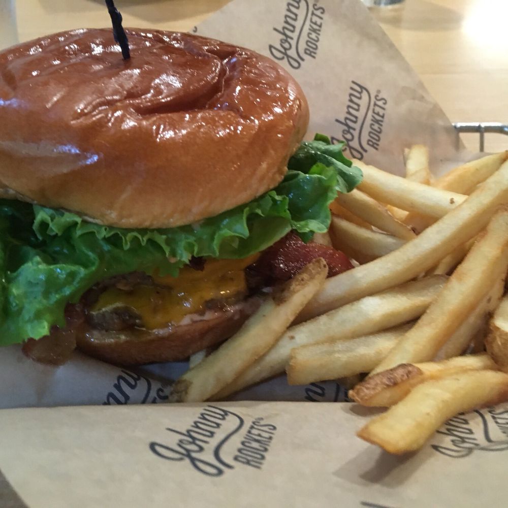 Johnny Rockets - Bacon cheddar burger with fries. - Burgers Near Me - Hanover, Maryland Johnny Rockets - Bacon cheddar burger with fries. - Burgers Near Me - Hanover, Maryland