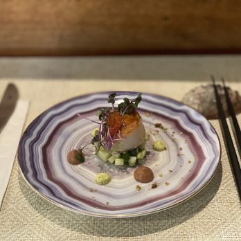 Miyo's Restaurant - Curried scallop with apple salad and avocado purée and salmon roe and micro greens. - Izakaya Near Me - Hilo, Hawaii