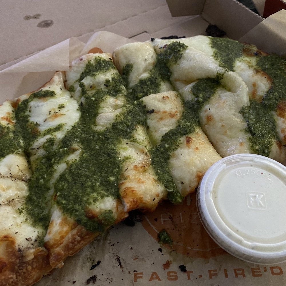 Blaze Pizza - Pesto Garlic Cheesy Bread with a side of ranch - Salad Near Me - Cerritos, California Blaze Pizza - Pesto Garlic Cheesy Bread with a side of ranch - Salad Near Me - Cerritos, California