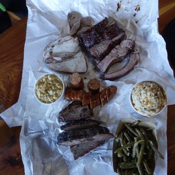 Opie's BBQ - Turkey, pork loin, cheddar jalapeño sausage, spare ribs, brisket; spicy creamed corn, tator tot casserole, green beans - Barbeque Near Me - Spicewood, Texas