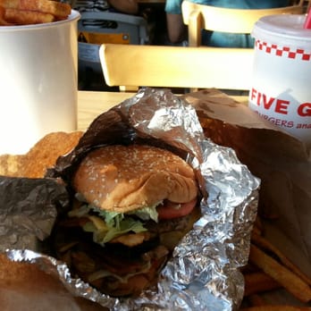 Five Guys - Bacon Double Cheeseburger with everything toppings - Burgers Near Me - Temecula, California Five Guys - Bacon Double Cheeseburger with everything toppings - Burgers Near Me - Temecula, California
