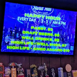 Daily Happy Hour 2pm-5pm, and 2am-5am with $3 PBR, $5 draft and wells, $7 high life+well shot, $10 high life+ango amaro. Daily Happy Hour 2pm-5pm, and 2am-5am with $3 PBR, $5 draft and wells, $7 high life+well shot, $10 high life+ango amaro.
