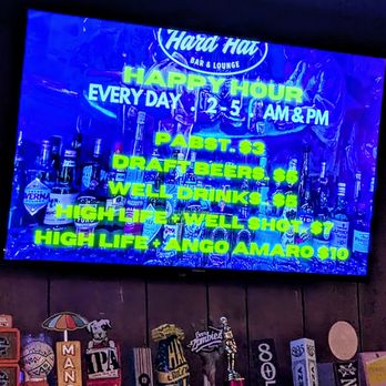 Hard Hat Lounge - Daily Happy Hour 2pm-5pm, and 2am-5am with $3 PBR, $5 draft and wells, $7 high life+well shot, $10 high life+ango amaro. - Dive Bars Near Me - Las Vegas, Nevada Hard Hat Lounge - Daily Happy Hour 2pm-5pm, and 2am-5am with $3 PBR, $5 draft and wells, $7 high life+well shot, $10 high life+ango amaro. - Dive Bars Near Me - Las Vegas, Nevada