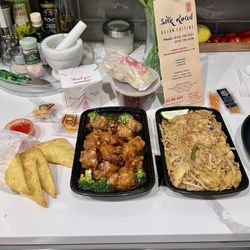 Silk Road Asian Cuisine - Crab Rangoon (4), Hot & Sour Soup, General Tso's Chicken, chicken and shrimp Pad Thai.