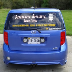 Dependable Appliance - This periwinkle-blue/purple Scion, our current service vehicle, is a familiar sight in Williamsburg, Gloucester, & the Peninsula since 2013.