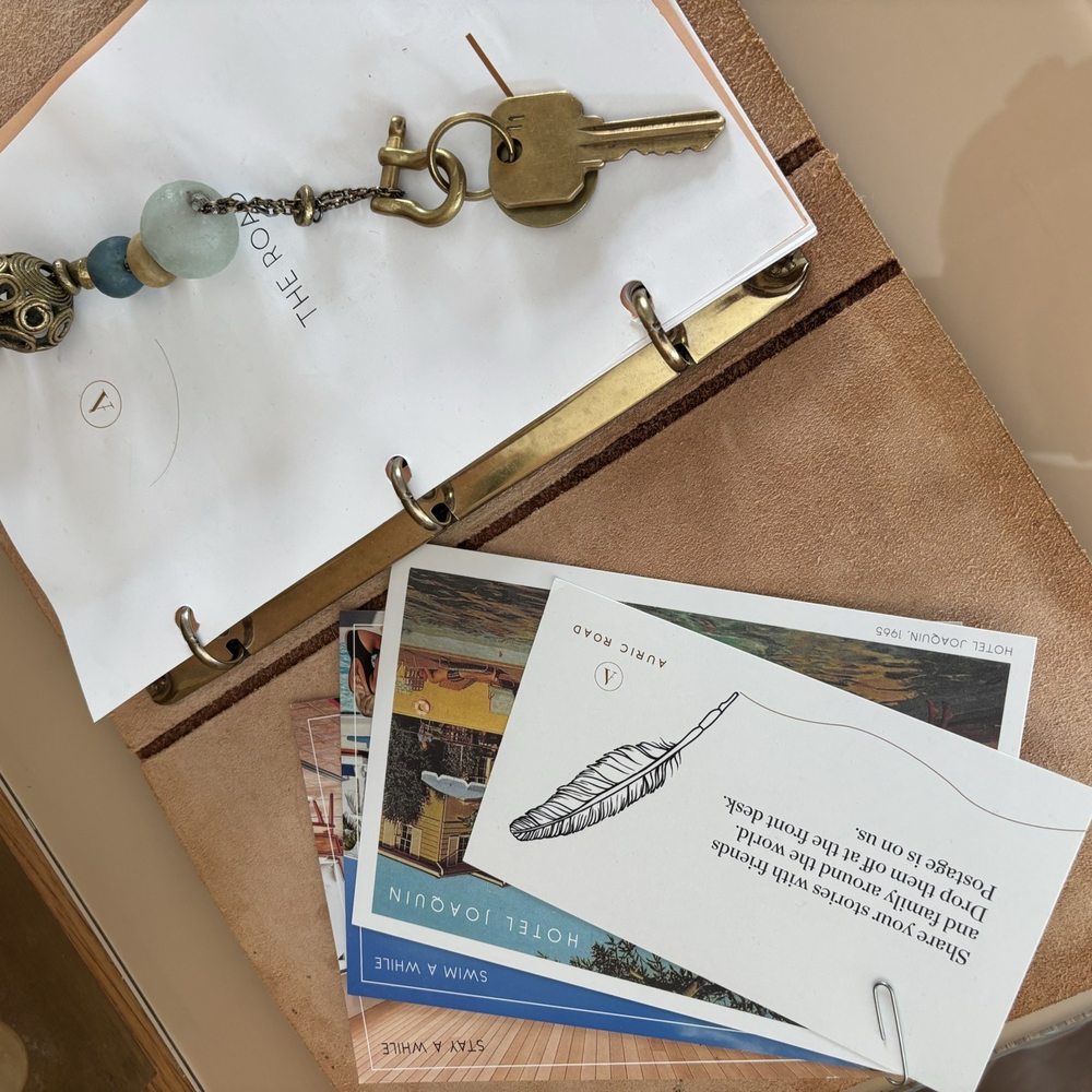 Room key and postcards