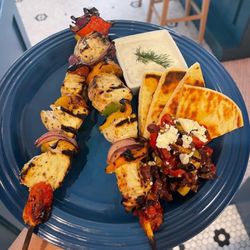 Coquina Fishbar - Swordfish Kabob special with peppers, red onions, tzatziki, olives, feta...