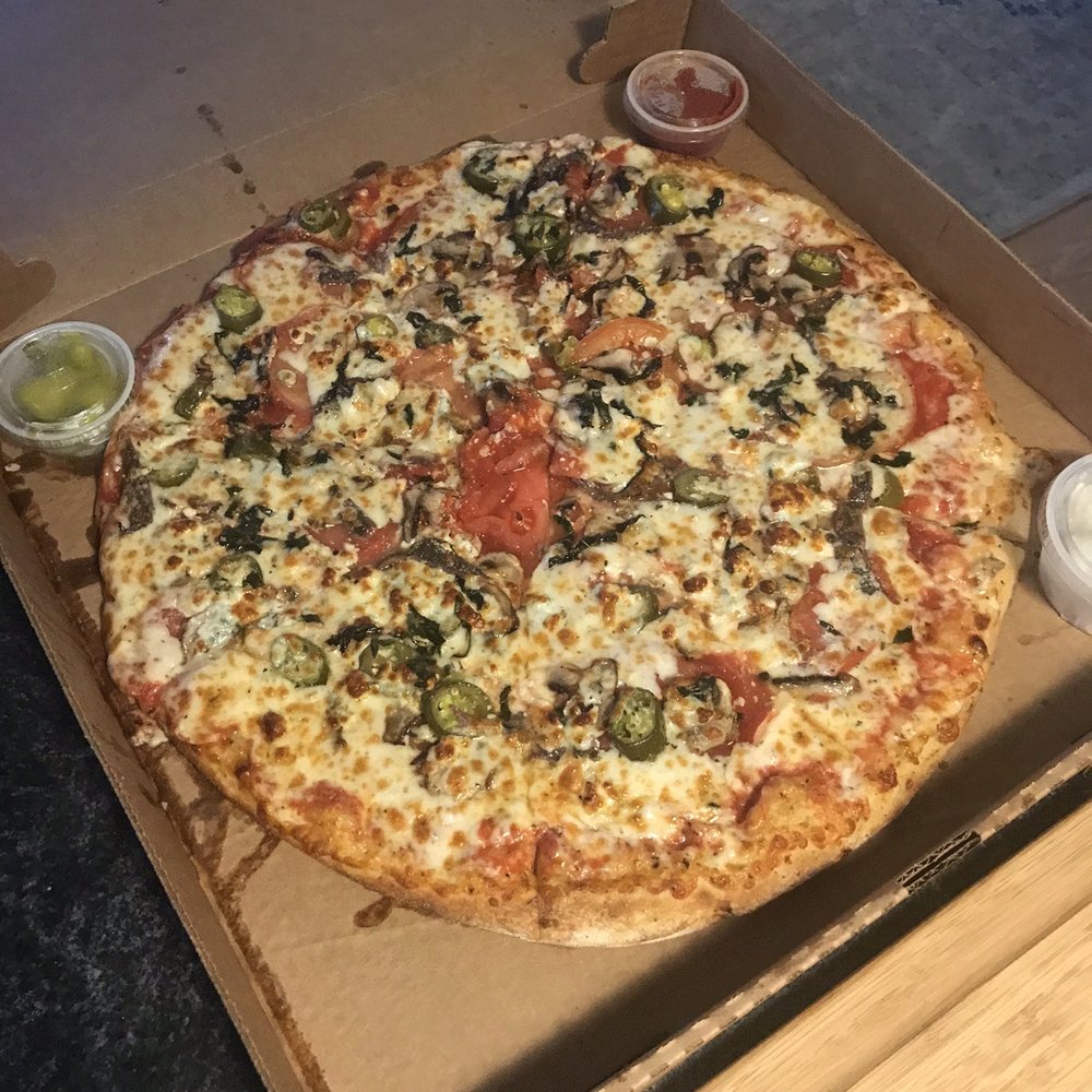 Large Margherita Pizza with extra sauce , anchovies, jalapeño and Gorgonzola Large Margherita Pizza with extra sauce , anchovies, jalapeño and Gorgonzola
