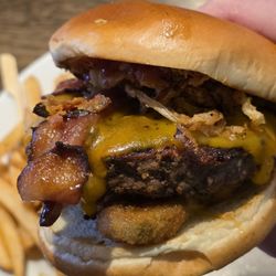 The Ridge West Seneca - Rustler Burger: Plenty of crispy onion strings and fried jalapenos; Cooked perfectly!