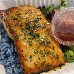 Lana’s Healthy Bistro & Juice Bar - Salmon with passion fruit sauce and blue rice.