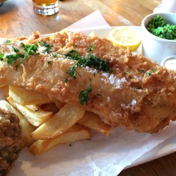 Hall & Woodhouse - Their famous beer battered fish with triple cooked chips and mint peas and hand-cooked fried peas balls - British Near Me - Portishead, NSM Hall & Woodhouse - Their famous beer battered fish with triple cooked chips and mint peas and hand-cooked fried peas balls - British Near Me - Portishead, NSM
