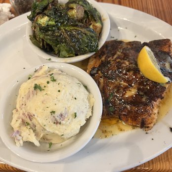 Jonah's Fish & Grits - Crab stuffed salmon,Mash potatoes, Brussel sprouts - Seafood Near Me - Thomasville, Georgia