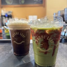 Seasonal cold brew and seasonal matcha (strawberry)