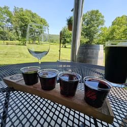 Two Twisted Posts Winery - Red wine flight and dark beer.