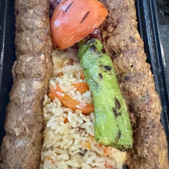 Ocean8 Restaurant & Hookah - Adana Kebab Plate - meh...too much pilaf with only a quartered grilled tomato with some kind of grilled pepper. - Hookah Bars Near Me - Chantilly, Virginia