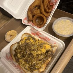 Cheesesteak and Onion Rings. Mac & Cheese side.