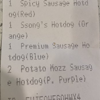 Ssong’s Hotdog - Receipt shows the stick color so that you know which one you're eating. - Korean Near Me - Ridgefield, New Jersey Ssong’s Hotdog - Receipt shows the stick color so that you know which one you're eating. - Korean Near Me - Ridgefield, New Jersey