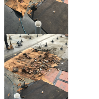 Sunrun - Two images depict a rooftop with damaged roofing materials, including torn and displaced roofing membranes, pipes, and roofing equipment. The surface appears to be in disrepair, with exposed insulation and debris visible. The images focus on the roof's condition, showing areas of deterioration and roofing components. - Solar Installation Near Me