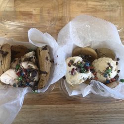 East Nashville Cream And Bean - Left: chocolate chip cookie with moose track ice cream, crushed M&M's Right: shortbread cookie with butter pecan ice cream, crushed M&M's