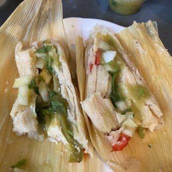 Tamales La Pasadita - Cheese with bell pepper, with salsa on top. - Food Trucks Near Me - Oakland, California Tamales La Pasadita - Cheese with bell pepper, with salsa on top. - Food Trucks Near Me - Oakland, California