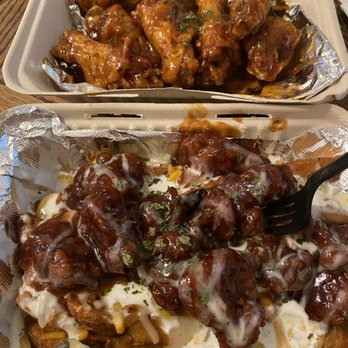 WingMan Redlands - Top: Mango Fuego wings (no fries so they added +2 wings no charge). Bottom: boogie bbq loaded fries (aka drooooool) - Chicken Wings Near Me - Redlands, California WingMan Redlands - Top: Mango Fuego wings (no fries so they added +2 wings no charge). Bottom: boogie bbq loaded fries (aka drooooool) - Chicken Wings Near Me - Redlands, California