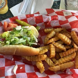 Beef hot dog and fries.