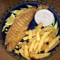ocean blue - Fish and chips. The fish is breaded with rice flour, making it gluten free.
