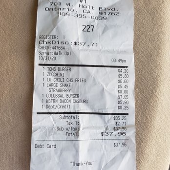 Tom's #1 - Receipt - Burgers Near Me - Ontario, California