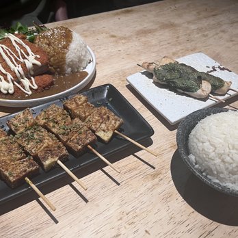 Shinya Shokudo - Katsu Curry, Tofu Skewers, Shiso chicken skewers, side of rice - Izakaya Near Me - Seattle, Washington Shinya Shokudo - Katsu Curry, Tofu Skewers, Shiso chicken skewers, side of rice - Izakaya Near Me - Seattle, Washington