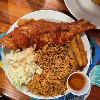 Oh Andros - Red snapper(steamed) w/fried sweet plantains, slaw, rice with beans. - Seafood Near Me - Wellington, OTA Oh Andros - Red snapper(steamed) w/fried sweet plantains, slaw, rice with beans. - Seafood Near Me - Wellington, OTA