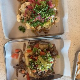 Vegan artichoke chicken taco (left/top) and vegan flank steak (bottom/right)