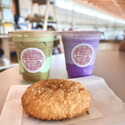 Pandan latte, ube milk, bbq pork okazu pan Pandan latte, ube milk, bbq pork okazu pan