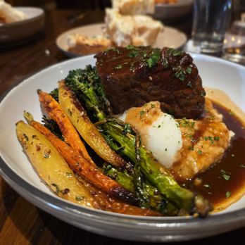 Spaghetti Western - Braised Beef, mashed potatoes, roasted broccolini & mixed carrots - Italian Near Me - Morongo Valley, California Spaghetti Western - Braised Beef, mashed potatoes, roasted broccolini & mixed carrots - Italian Near Me - Morongo Valley, California