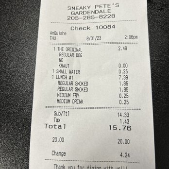 Sneaky Pete's Hot Dogs - Not what we ordered and not quite what we got...but fair prices for lunch. - Hot Dogs Near Me - Gardendale, Alabama