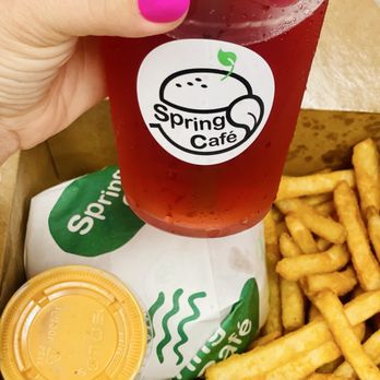 Spring Cafe - Impossible Burger (Spicy) with fries and Hibiscus Flavored Iced Tea - Vegan Near Me - New York, New York Spring Cafe - Impossible Burger (Spicy) with fries and Hibiscus Flavored Iced Tea - Vegan Near Me - New York, New York