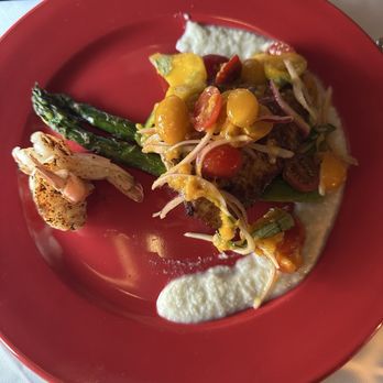 Red Shoe Island Bistro - Fish of the Day with Grilled Key West Pink Shrimp on Arepa - Seafood Near Me - Key West, Florida Red Shoe Island Bistro - Fish of the Day with Grilled Key West Pink Shrimp on Arepa - Seafood Near Me - Key West, Florida
