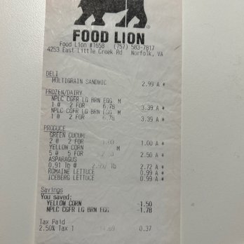 Food Lion - Receipt - Grocery Near Me - Norfolk, Virginia Food Lion - Receipt - Grocery Near Me - Norfolk, Virginia