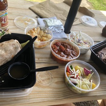 Fat City Barbecue - Smoked turkey bacon wrap with a side of Mac n cheese and a brisket platter with apple cole slaw and cucumber salad. Also pork and beans. - Barbeque Near Me - Horseheads, New York
