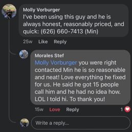 When someone in my Alhambra FB group needed a plumber, I didn't hesitate to recommend Min! They had a great experience too :)